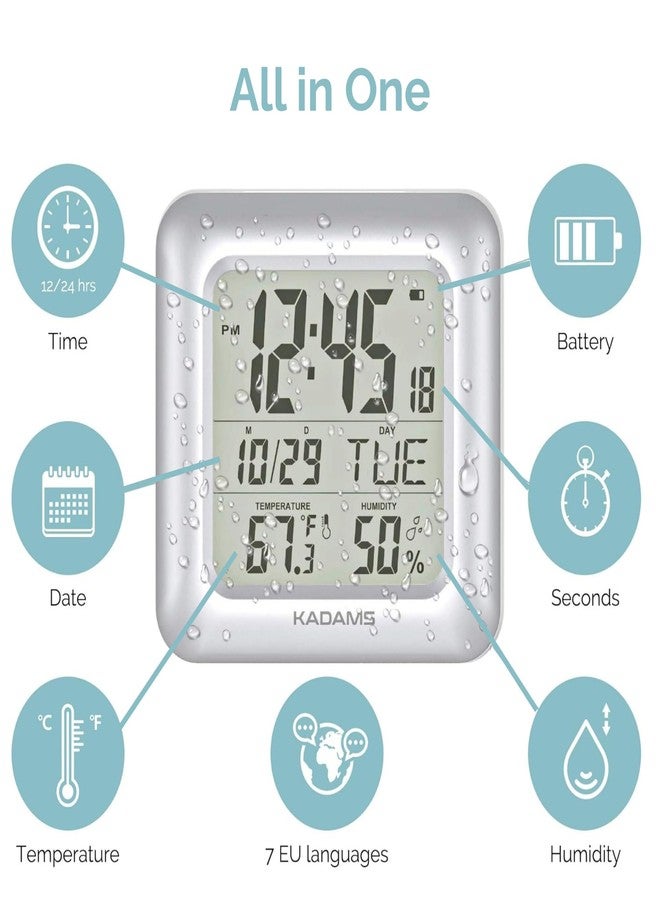 KADAMS ساعة حمام KADAMS، ساعة حائط للمطبخ مقاس 9.5 بوصة بشاشة LCD كبيرة - ساعة دش مزودة بكوب شفط، تعرض درجة الحرارة والرطوبة والتقويم - مقاومة للماء، 4 خيارات للتركيب، فضية اللون - Image 3